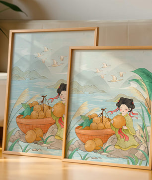 Paisaje sereno con una chica y una cesta de naranjas junto al agua
