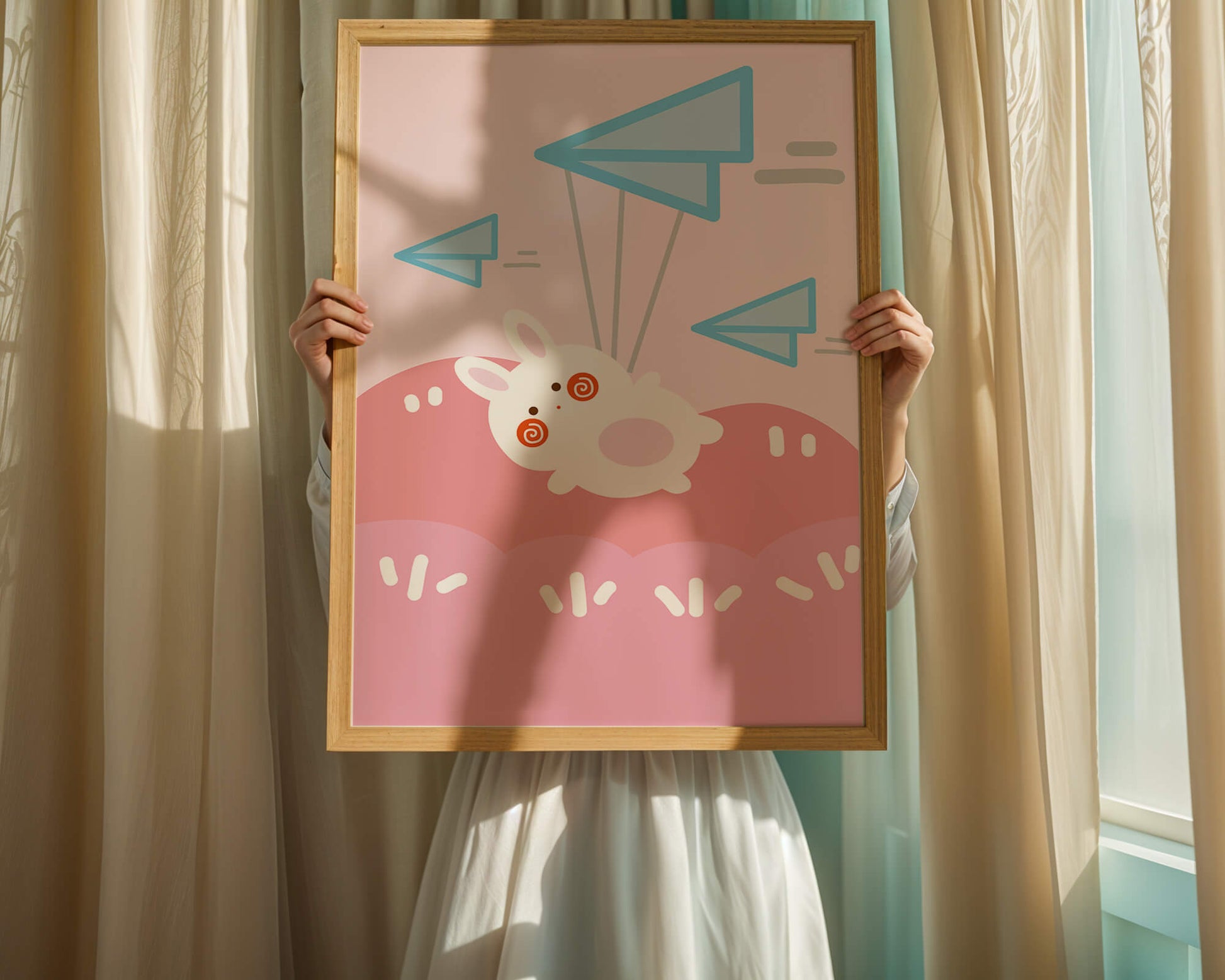 Adorable cartoon bunny flying with paper planes on a pink background