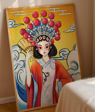 Eine elegante Darstellung asiatischer Kunst mit traditioneller Kleidung und kunstvollem Kopfschmuck