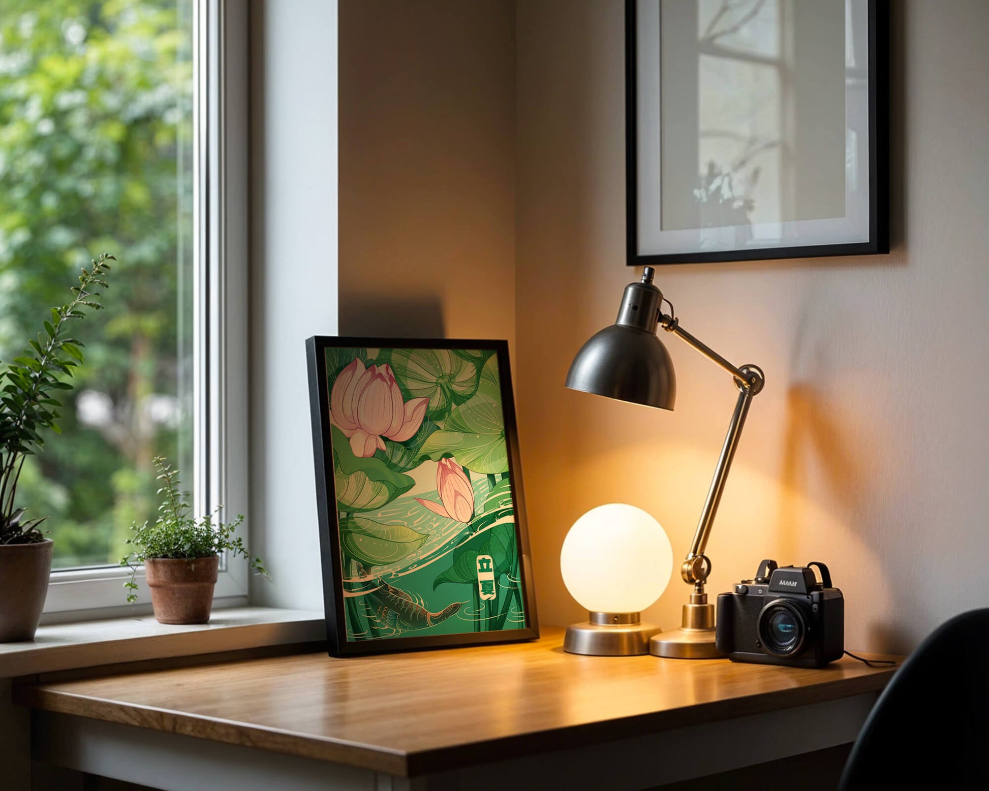 Ilustración de la naturaleza serena con flores de loto y vida acuática