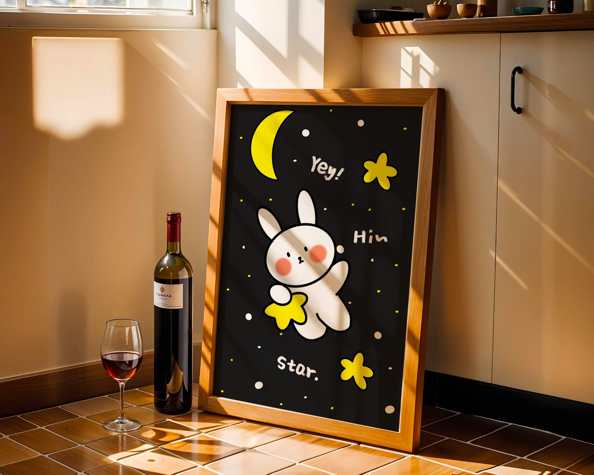 Adorable bunny with stars and moon on a night sky background