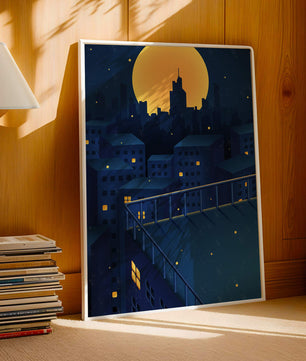 Stadtdach bei Nacht mit beleuchteten Fenstern und Vollmond
