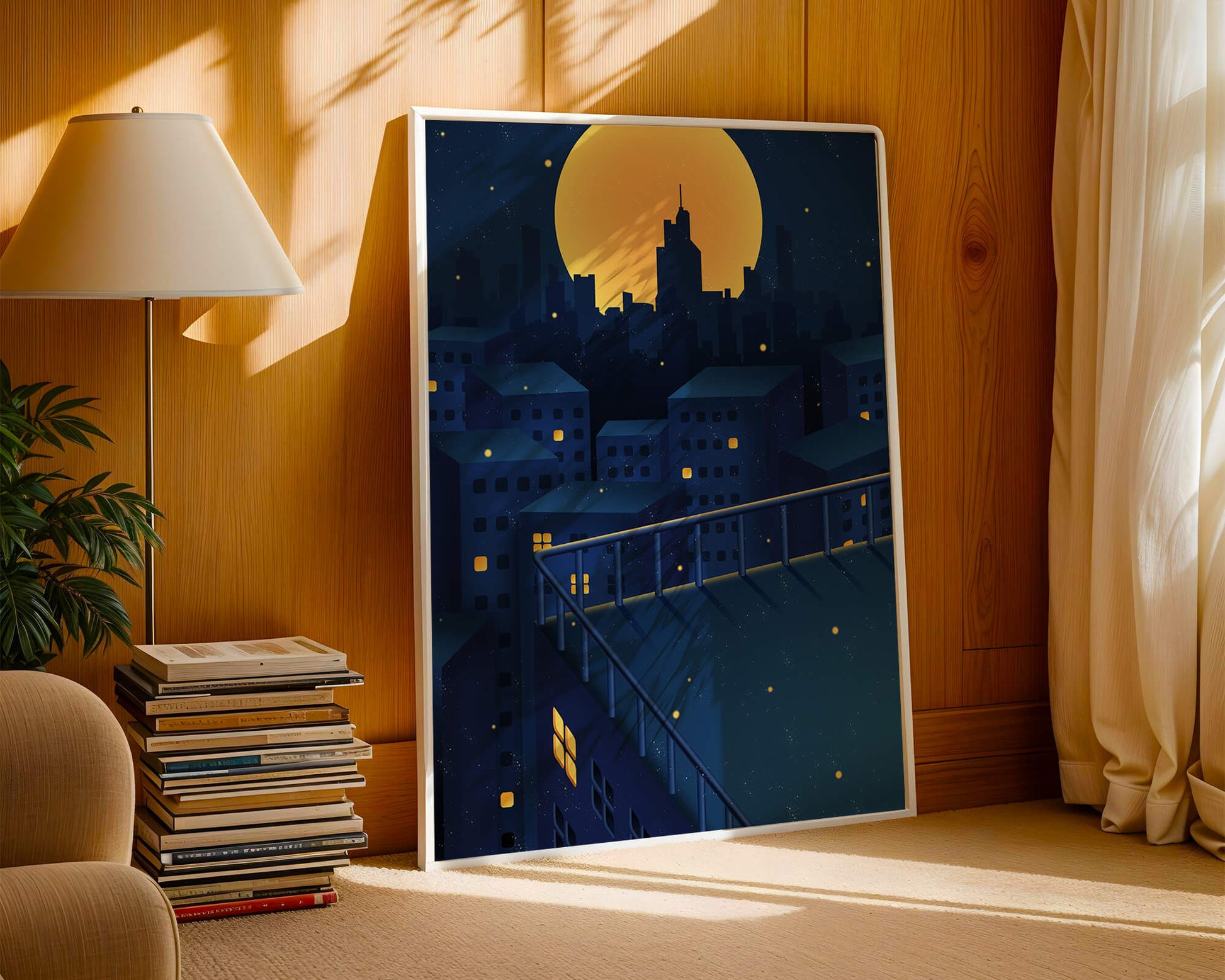 City Rooftop at Night with Illuminated Windows and Full Moon