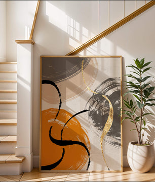 Abstract Art with Orange, Black, and Gold Brushstrokes - Mi tienda