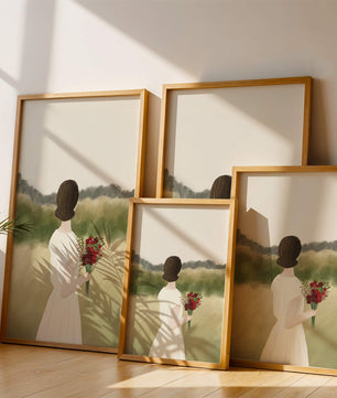 Woman in White Dress Holding Bouquet Facing Nature