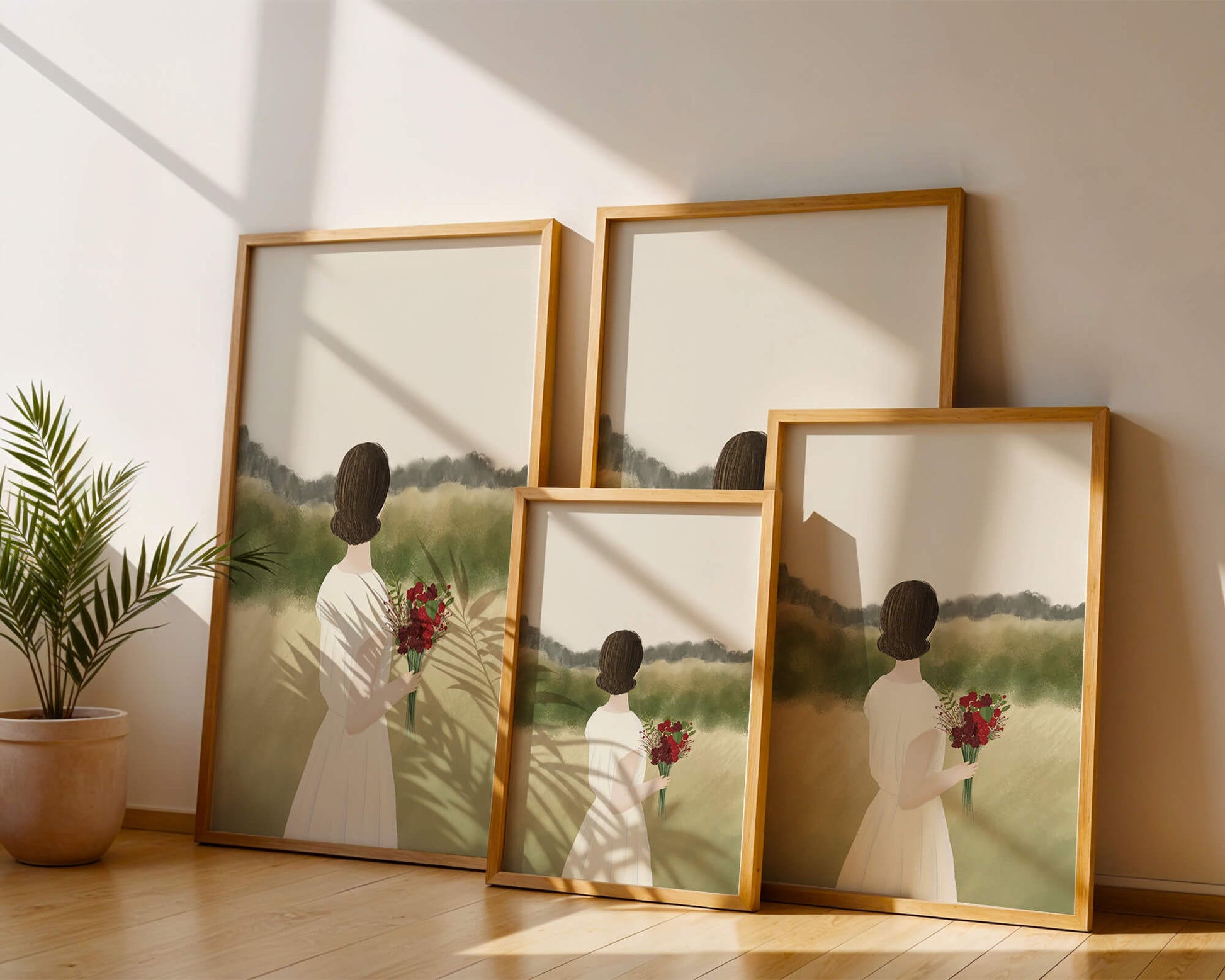 Woman in White Dress Holding Bouquet Facing Nature