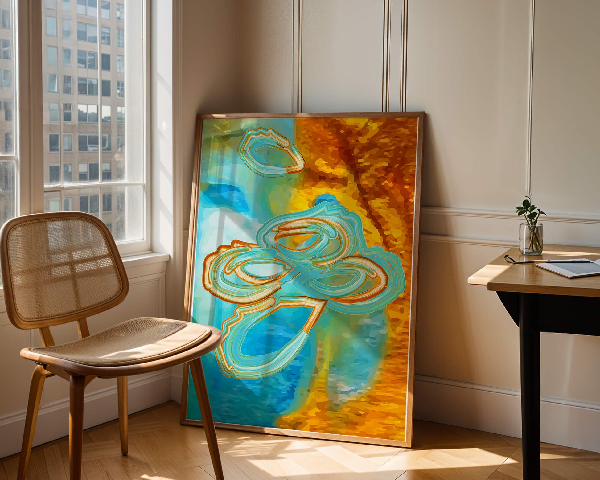 Abstract vibrant swirls in blue and orange colors