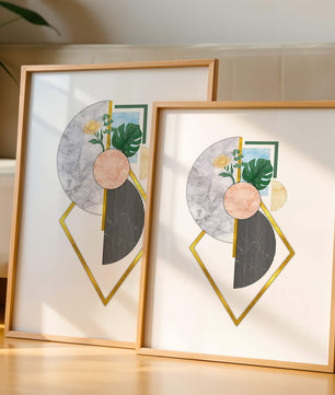 Arte geométrico abstracto con acentos florales y dorados