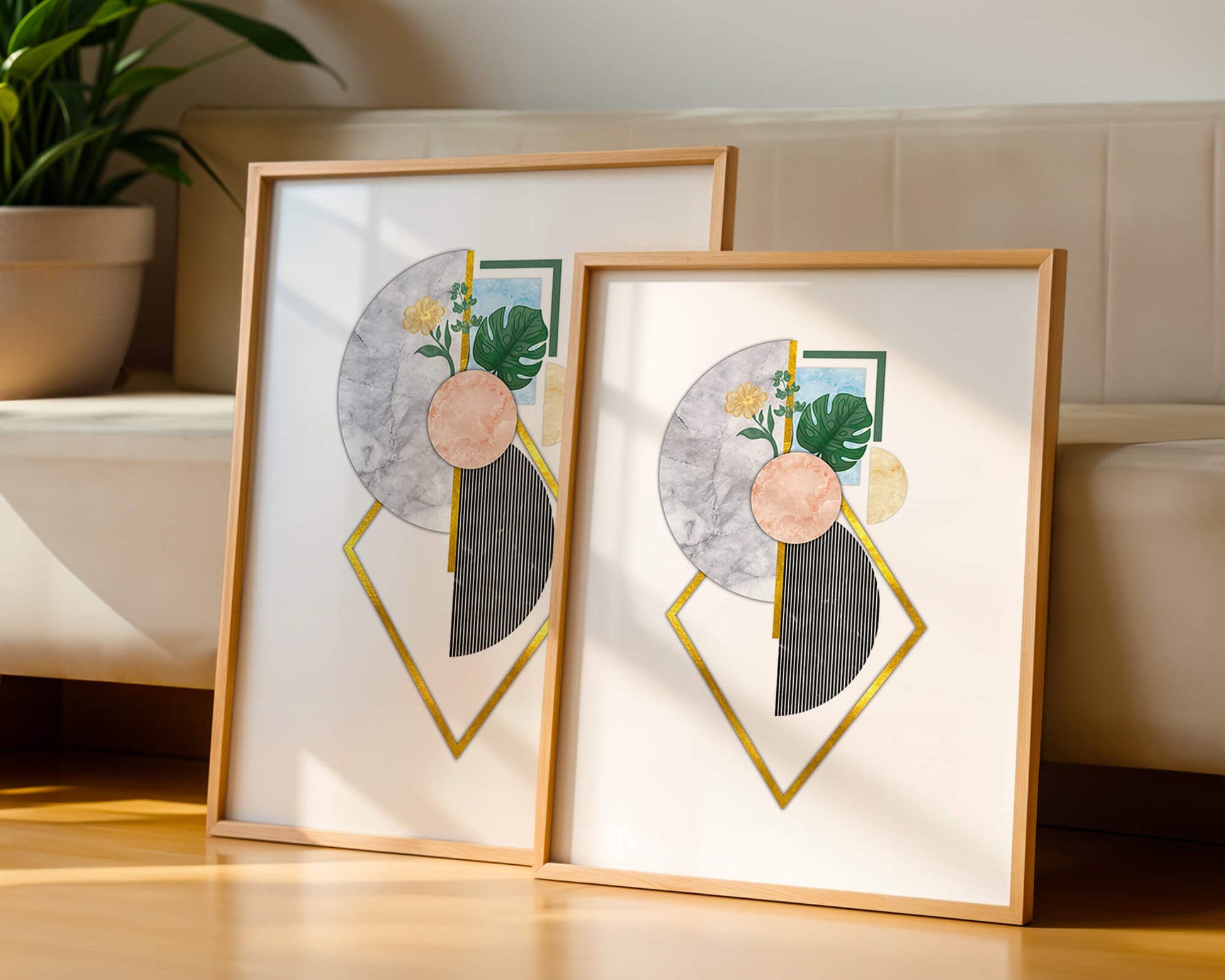 Abstract geometric art with floral and gold accents