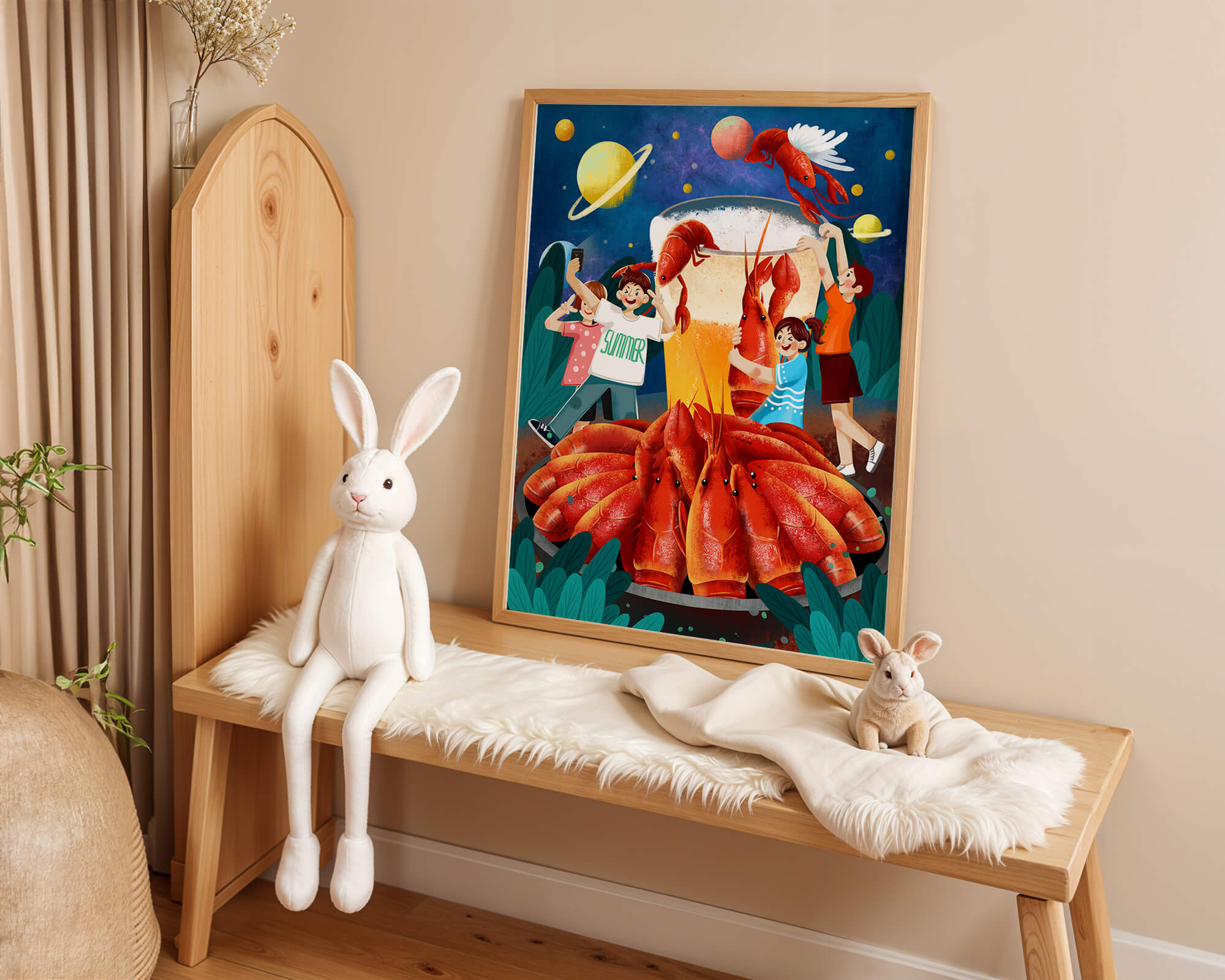 Fantasy illustration with cosmic lobsters and friends enjoying a summer feast