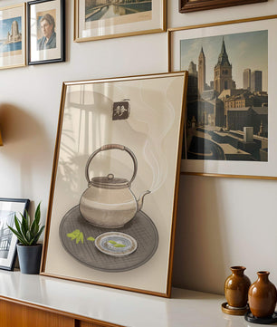 Traditional Japanese teapot with steaming tea and serene setting