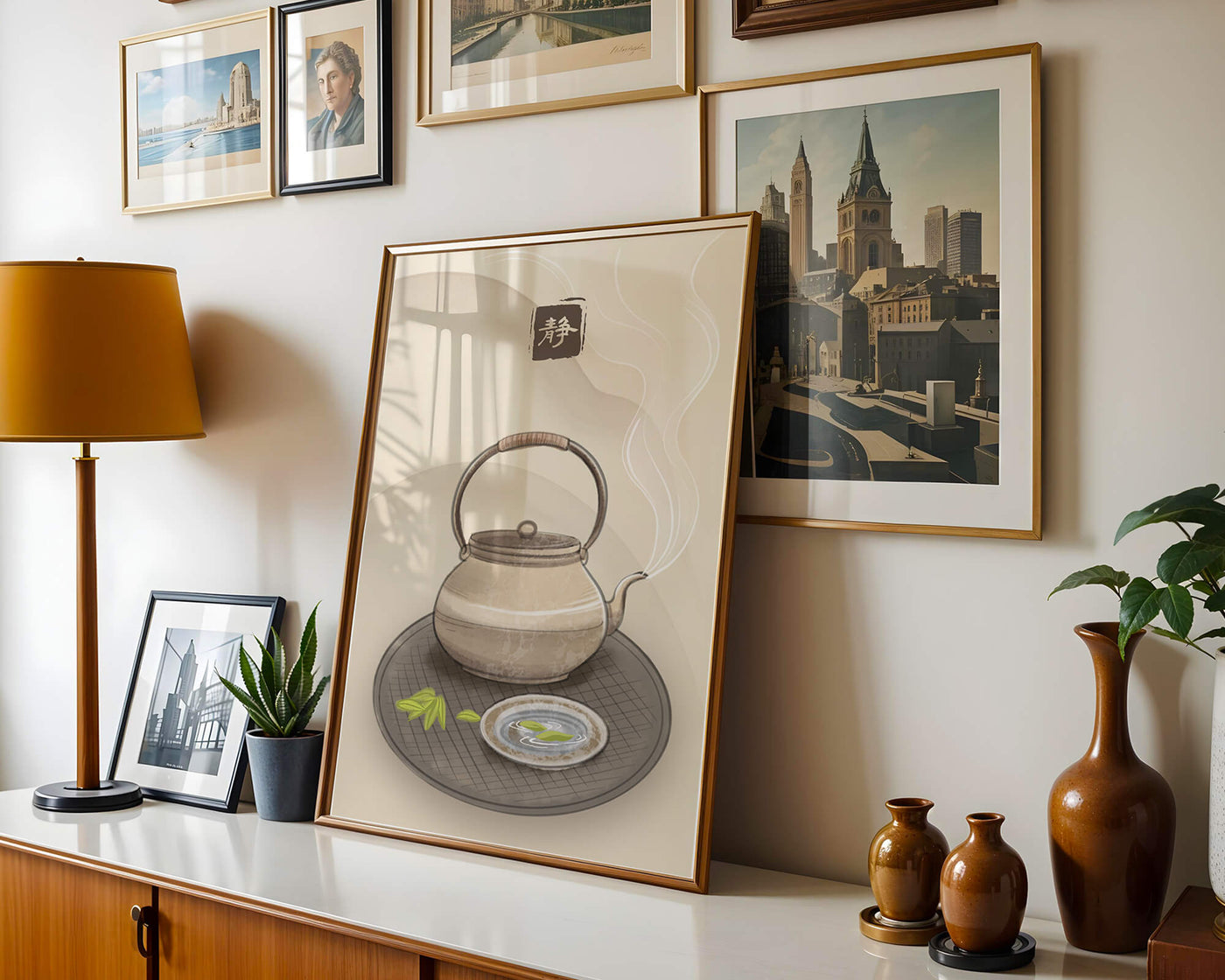Traditional Japanese teapot with steaming tea and serene setting