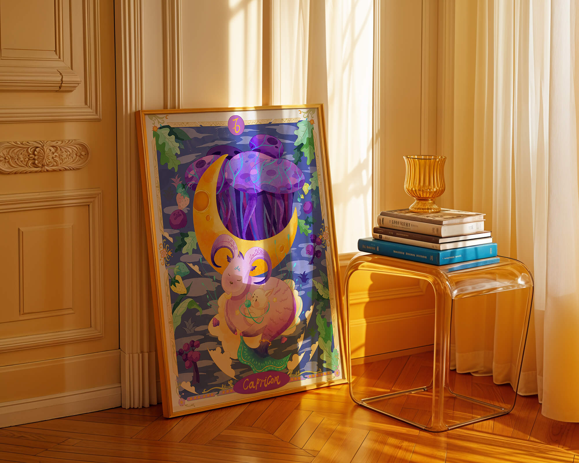 Colorful Capricorn zodiac illustration with fantasy elements