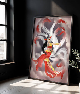 Graceful fantasy fox spirit with flowing tails and red attire in mystical clouds