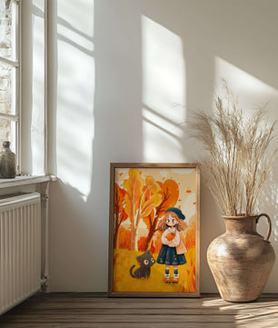 Girl with Cute Cat in Autumn Forest with Colorful Leaves