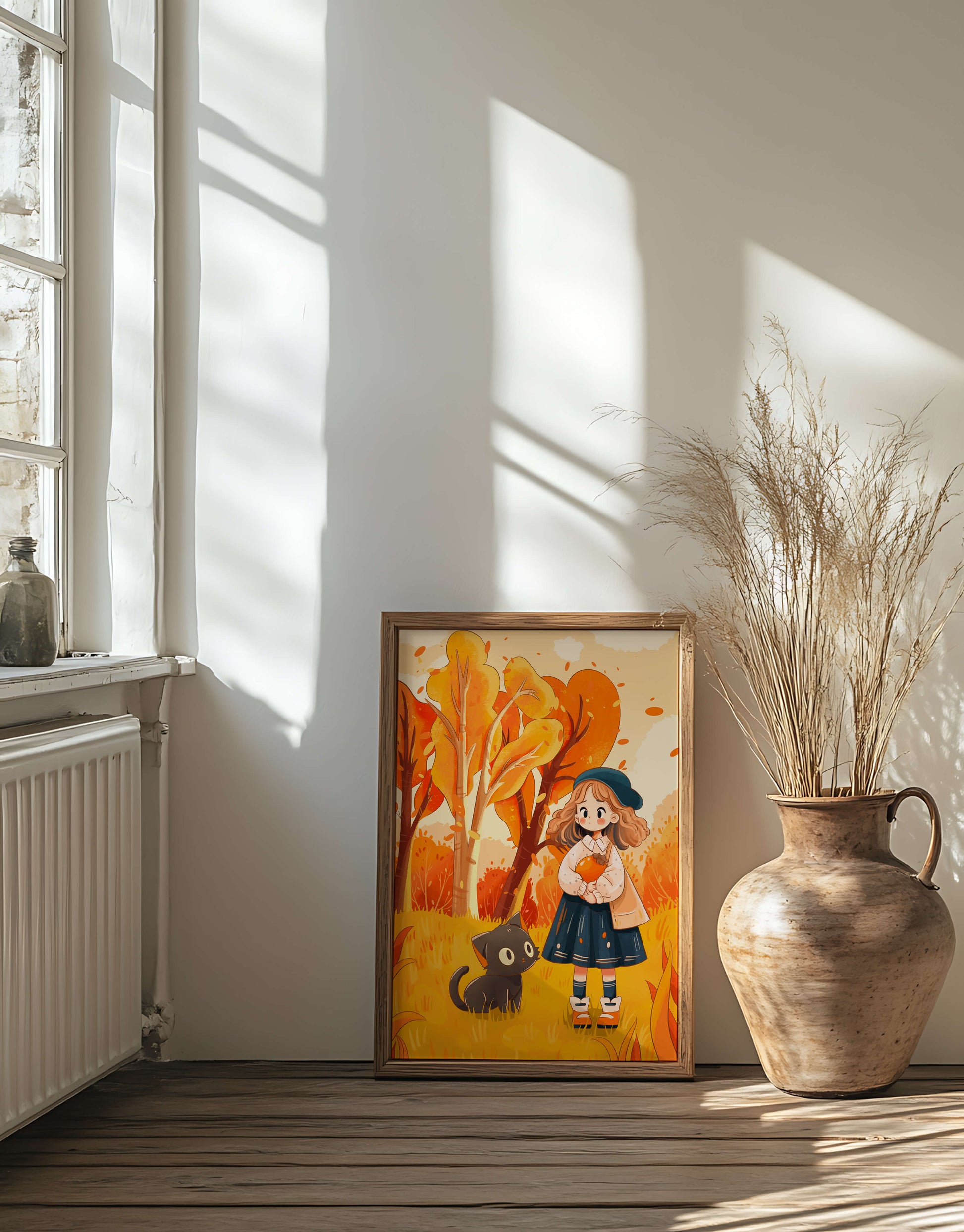 Girl with Cute Cat in Autumn Forest with Colorful Leaves