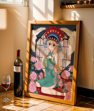 Chica anime elegante con atuendo tradicional y detalles florales y de grulla