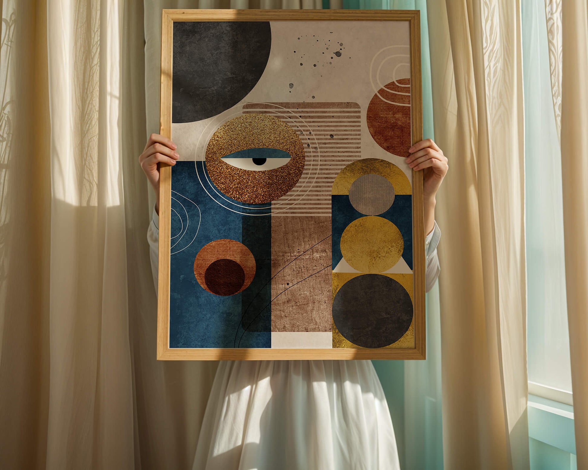 Abstract geometric artwork with gold and blue elements