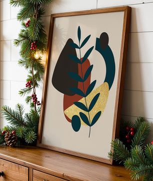 Abstract Botanical Composition with Geometric Shapes and Gold Accent - Mi tienda