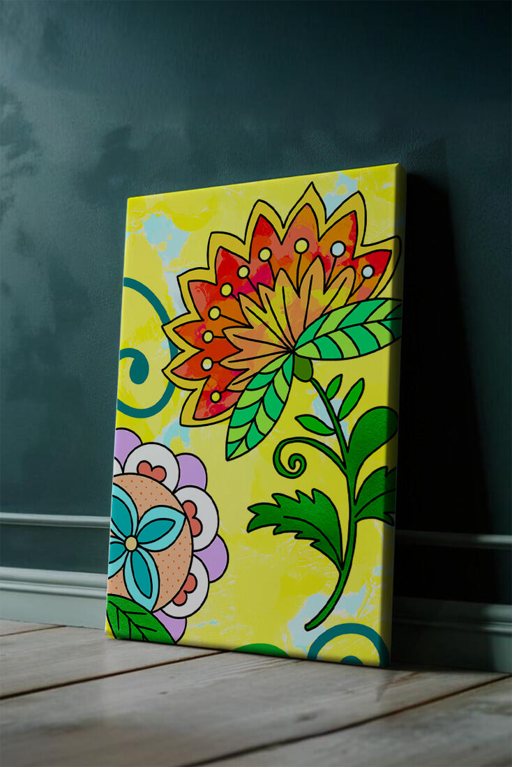 Colorful abstract floral illustration with bright yellow background