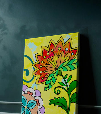 Colorful abstract floral illustration with bright yellow background