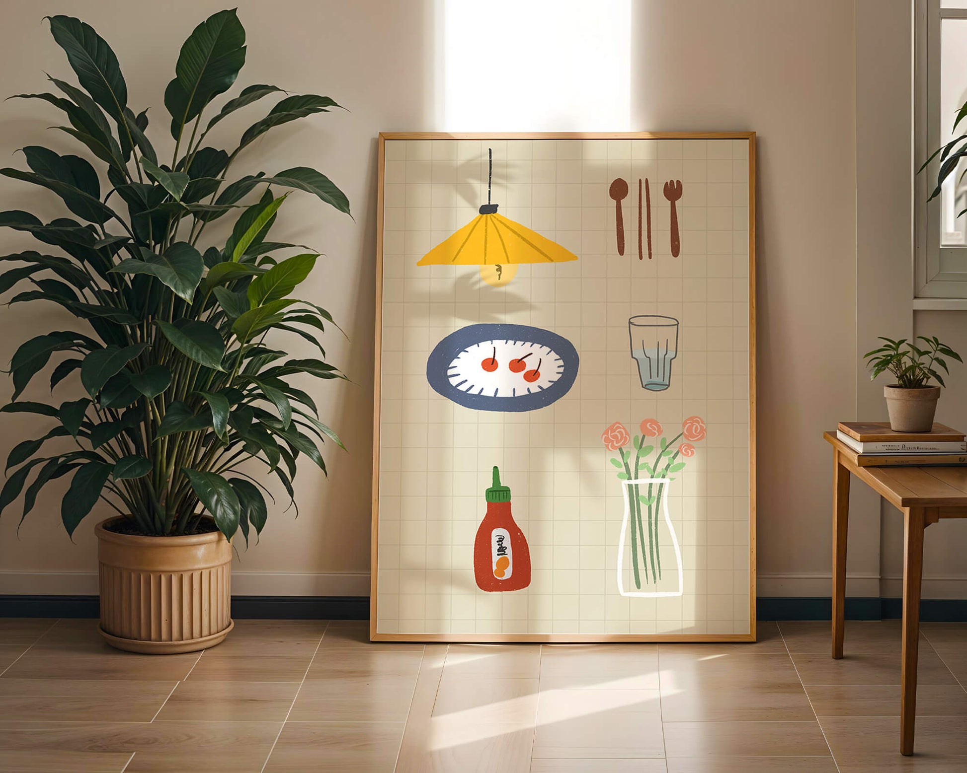 Artículos de cocina ilustrados que incluyen lámpara, utensilios y flores