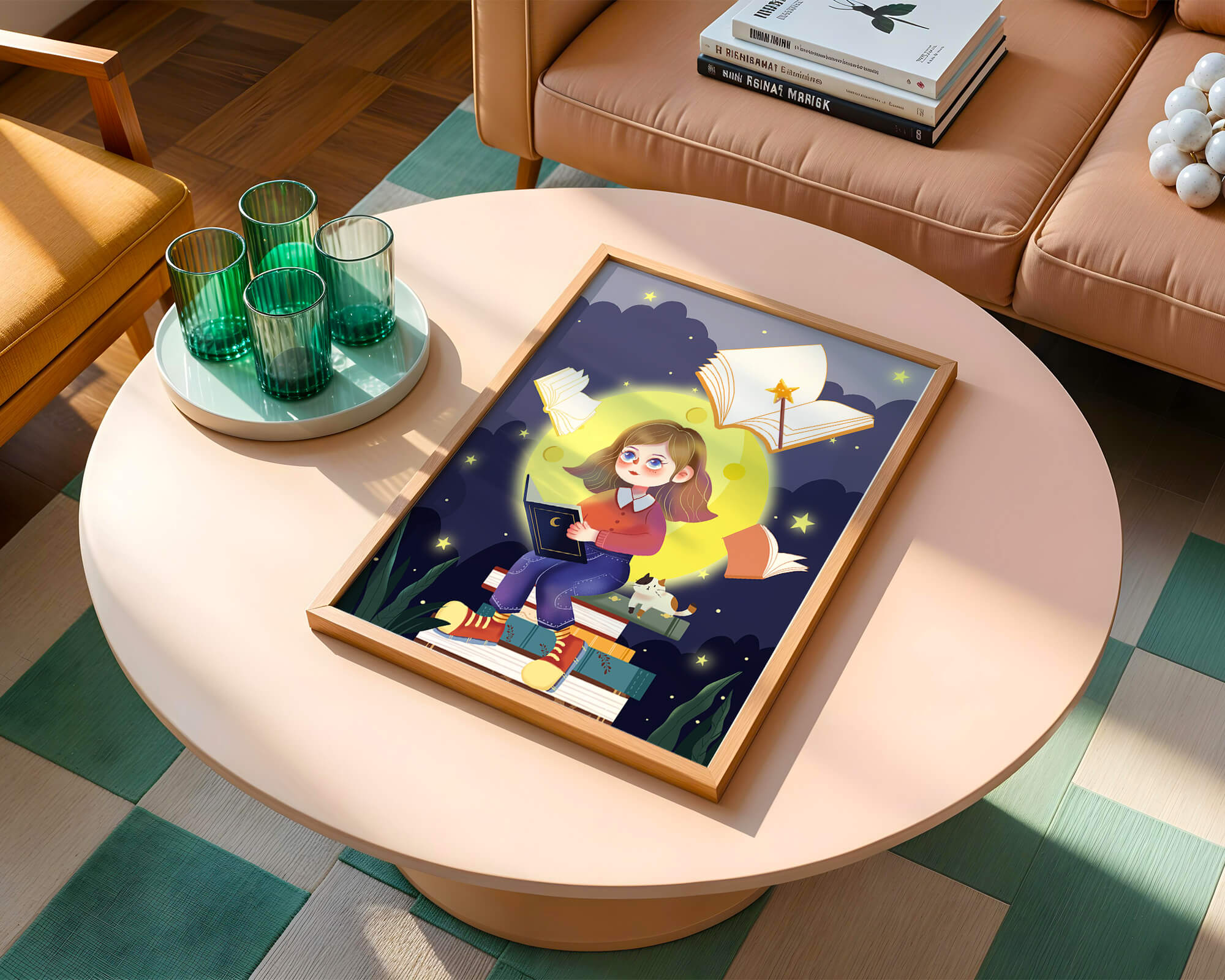 Illustration of a girl reading books under a starry night sky