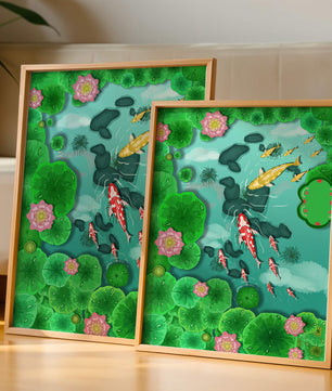 Étang à carpes koï vibrant avec des fleurs de lotus et des nénuphars verts