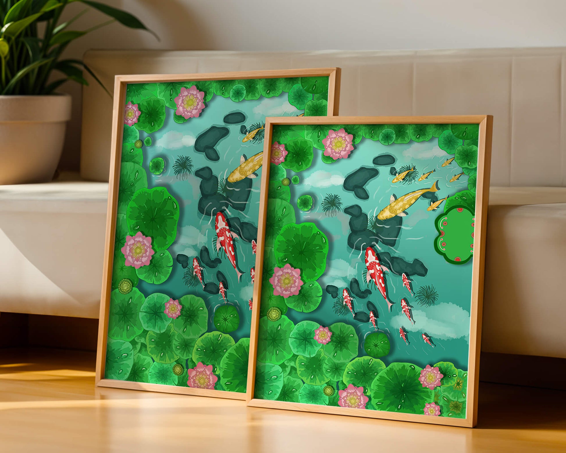 Étang à carpes koï vibrant avec des fleurs de lotus et des nénuphars verts