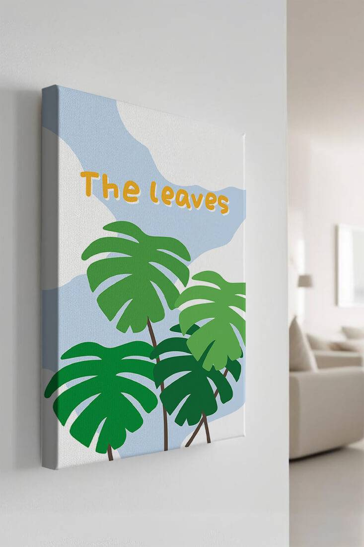 Illustrative tropical leaves with blue sky background for home decor
