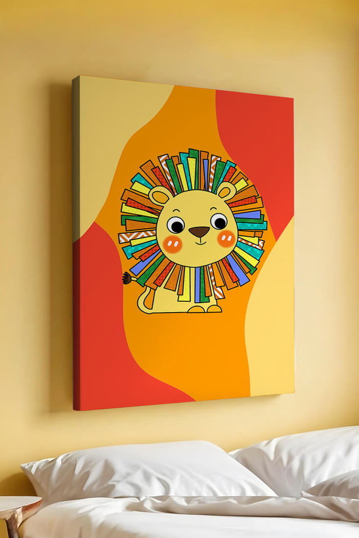 Colorful cartoon lion illustration with vibrant mane on abstract background