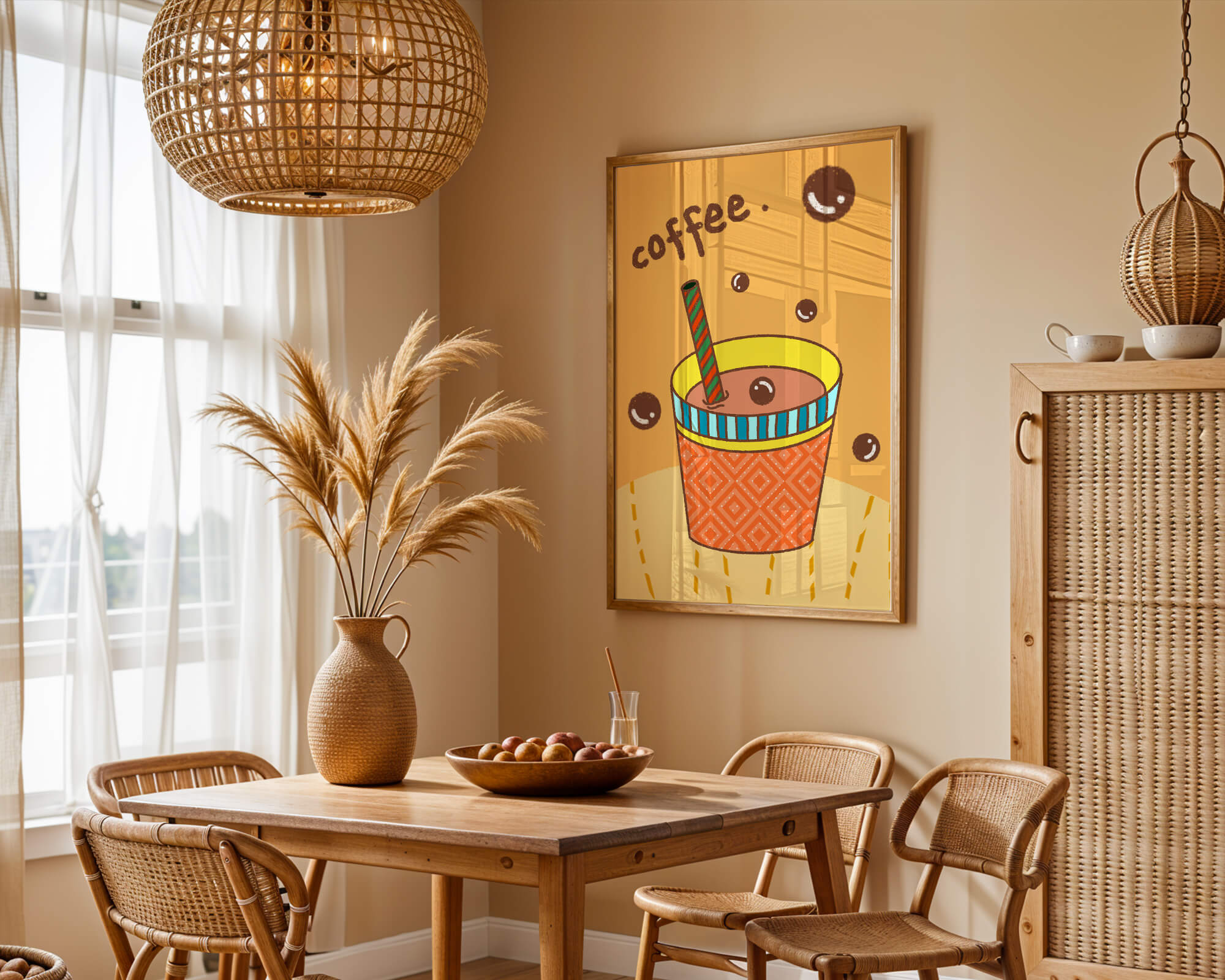 Colorful coffee cup illustration with bubbles and straw