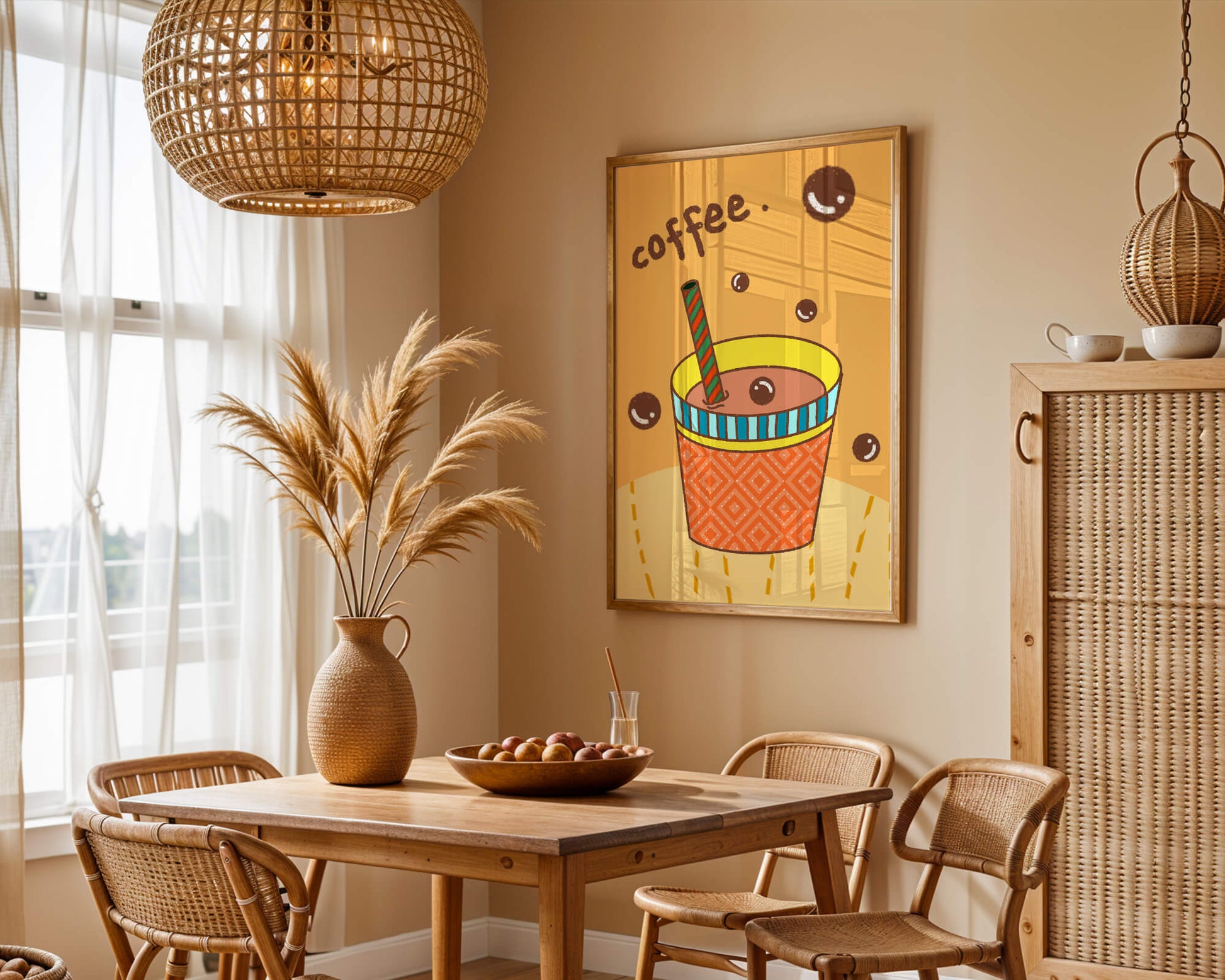 Colorful coffee cup illustration with bubbles and straw