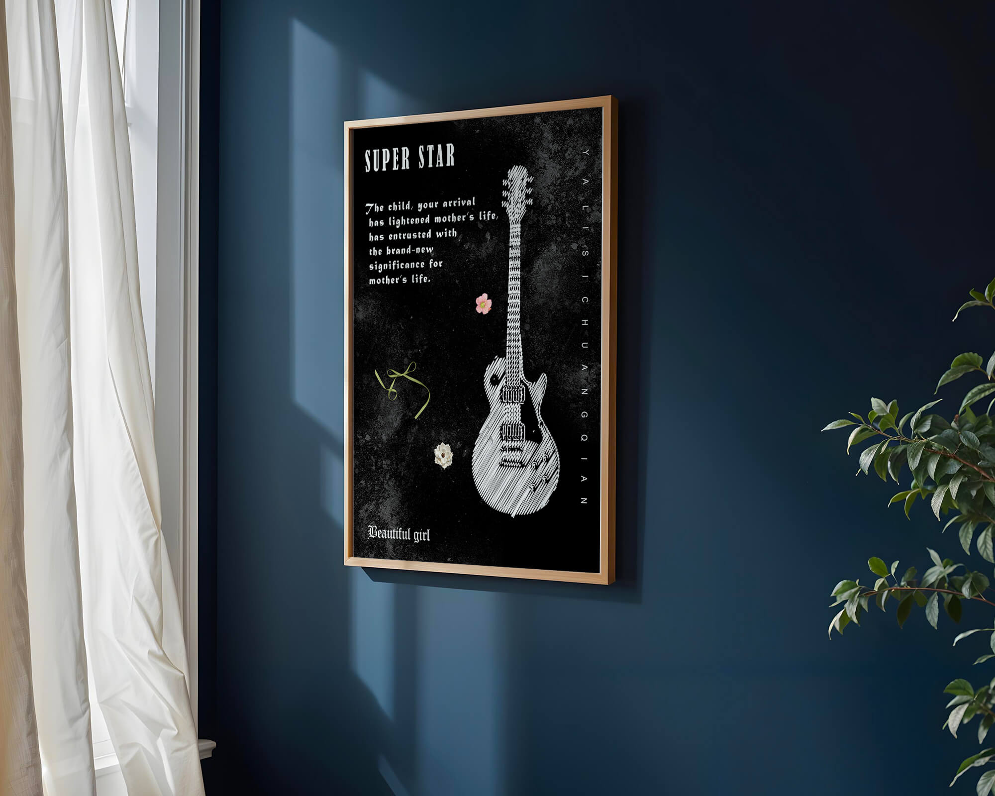 Artistic black and white guitar illustration with heartfelt text