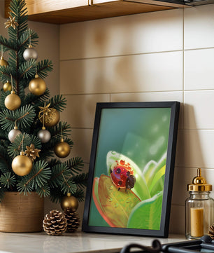 Ladybug on Leaf with Dew Drops in Serene Nature Setting - Mi tienda