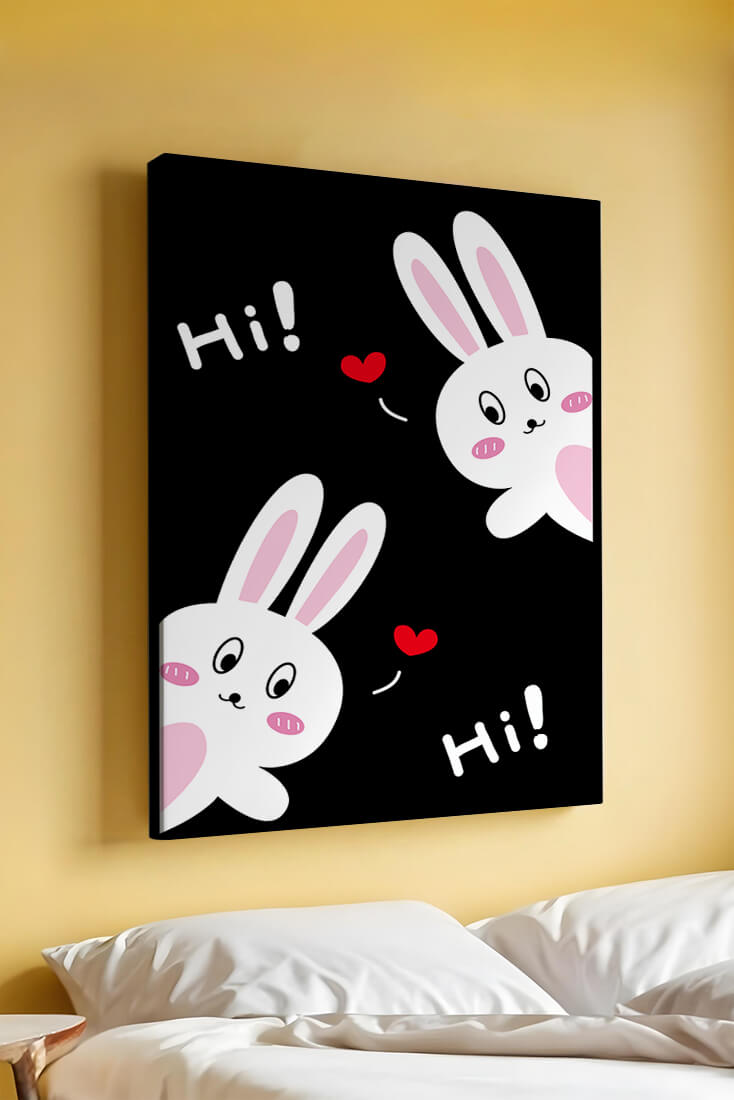 Charming bunny illustration with hearts on black background