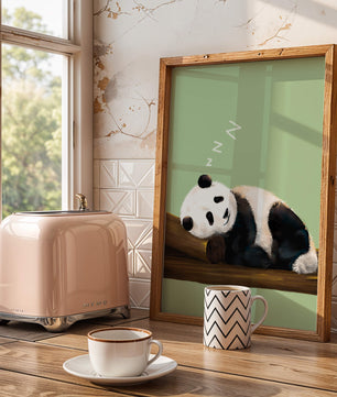 Peaceful panda resting on a log in a serene setting