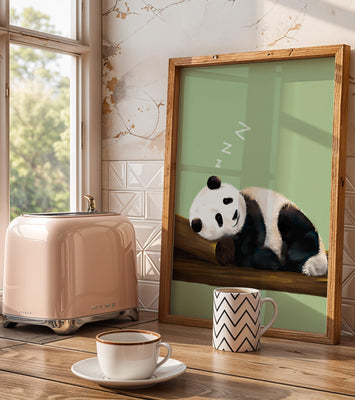 Peaceful panda resting on a log in a serene setting