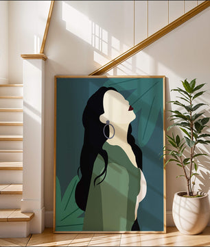 Stylized artwork of a woman with dark hair and earrings against a tropical leaf backdrop