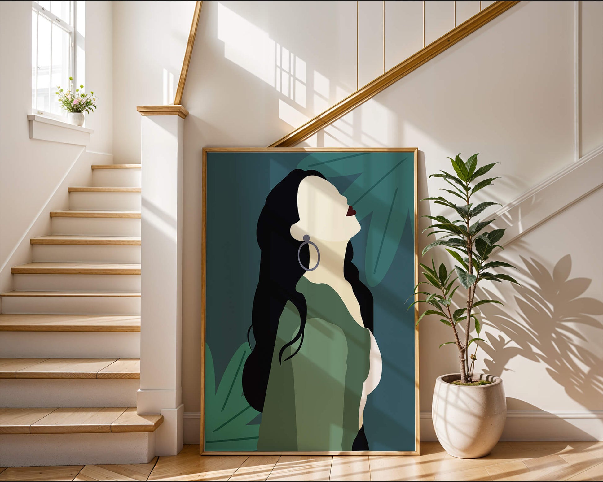 Stylized artwork of a woman with dark hair and earrings against a tropical leaf backdrop