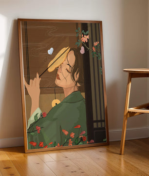 Serene woman with fan surrounded by flowers