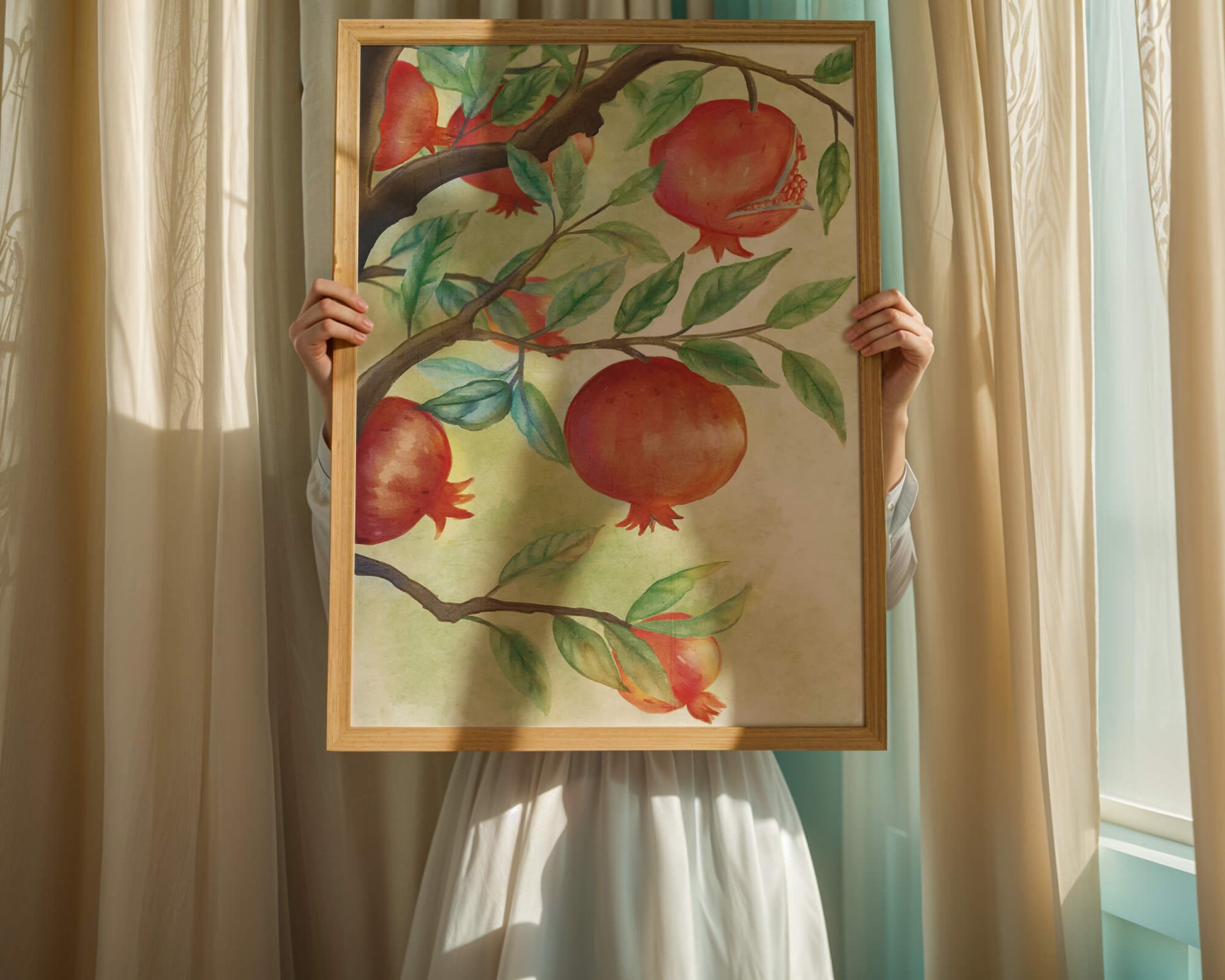 Watercolor Pomegranate Tree Branch with Fruits and Leaves