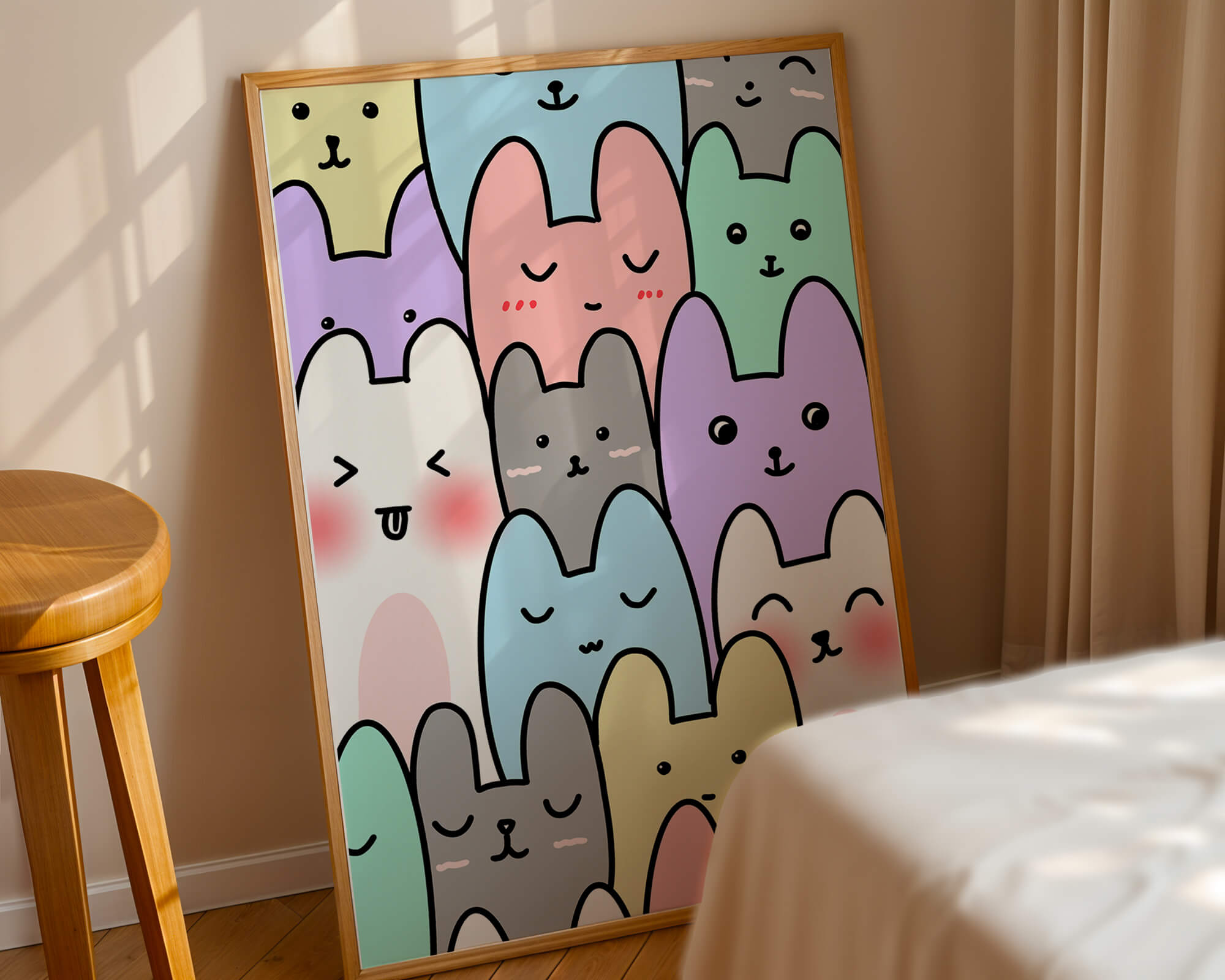 Colorful cartoon animal pattern with smiling faces