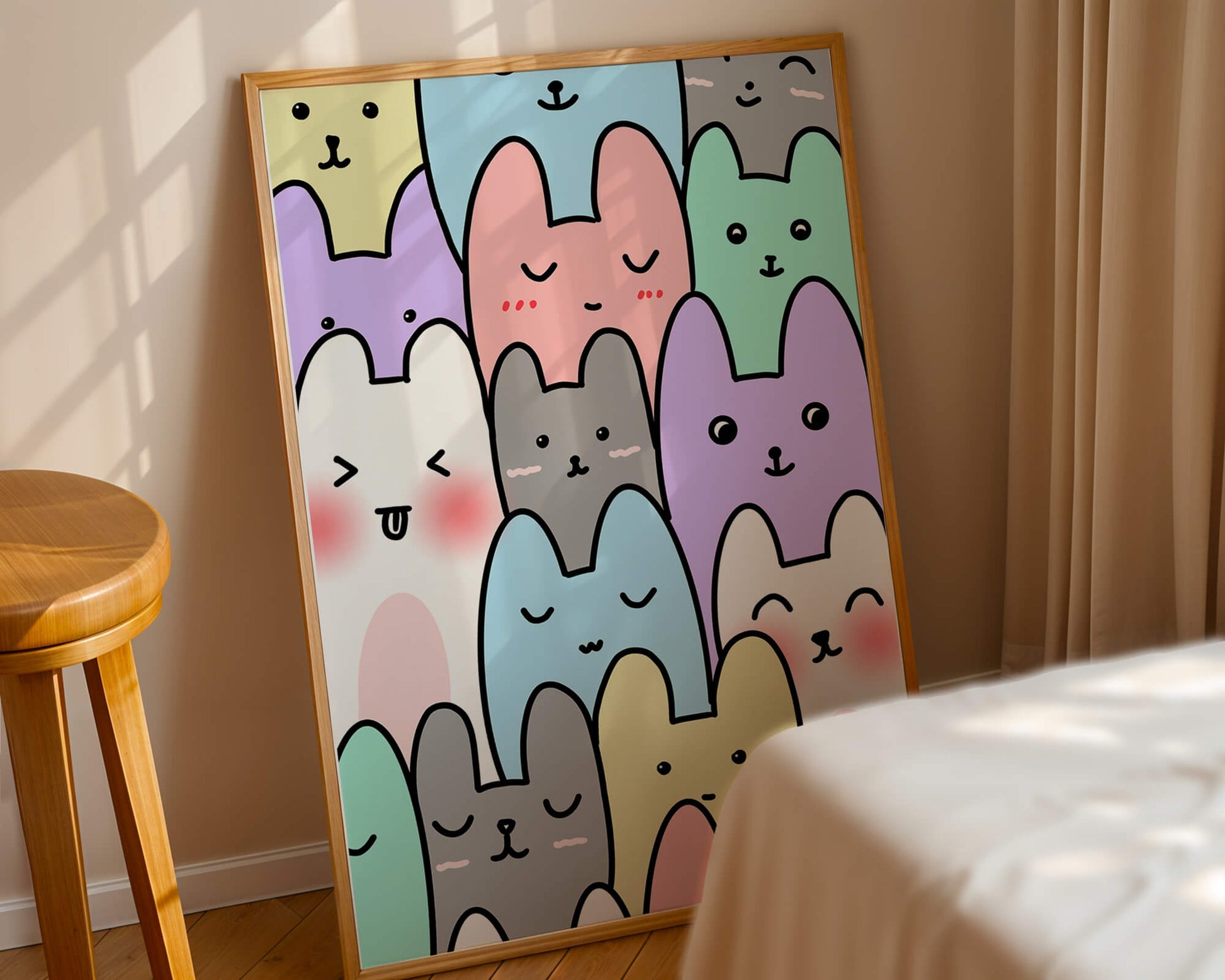 Colorful cartoon animal pattern with smiling faces