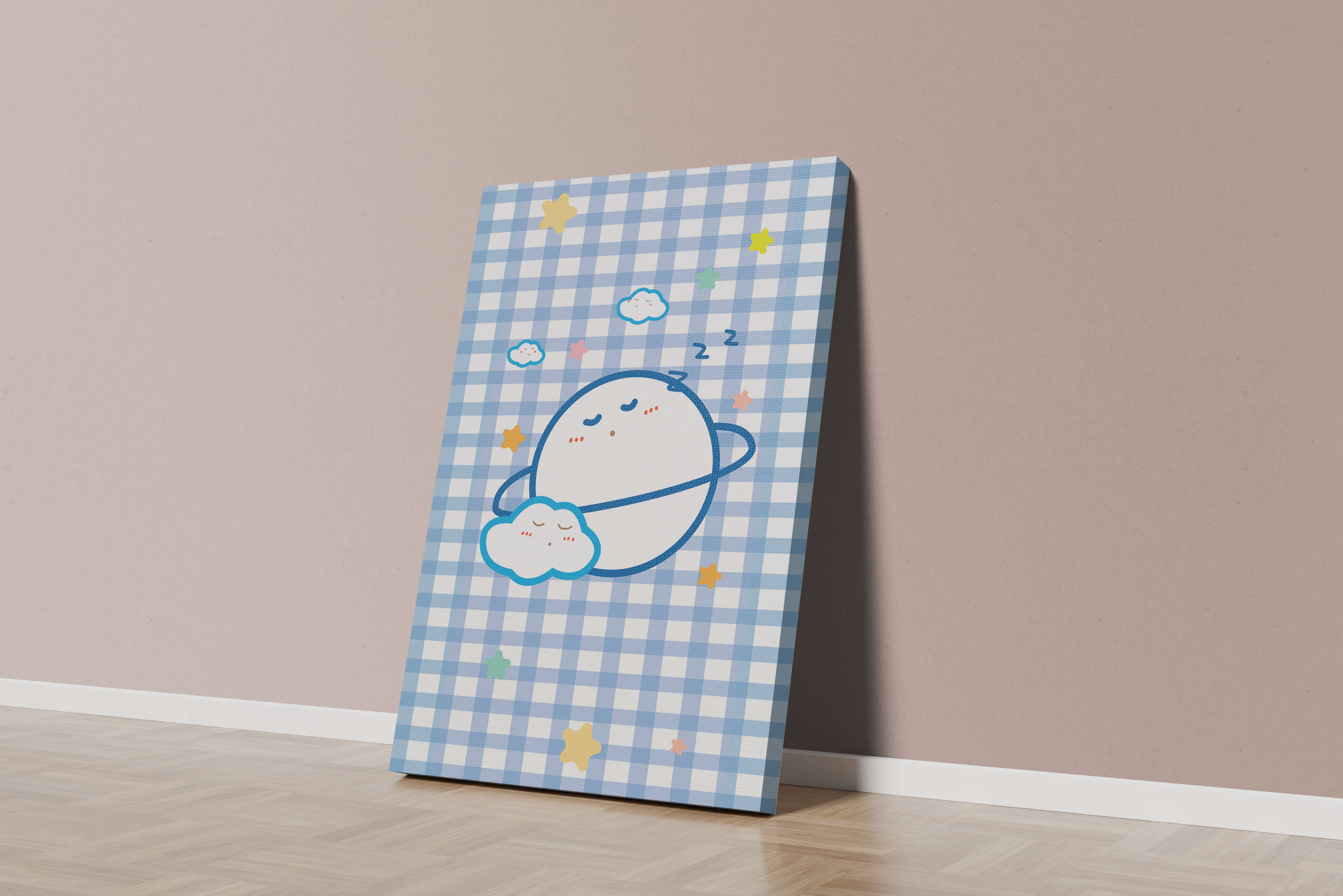 Whimsical sleep theme with planets and clouds on a checkered background