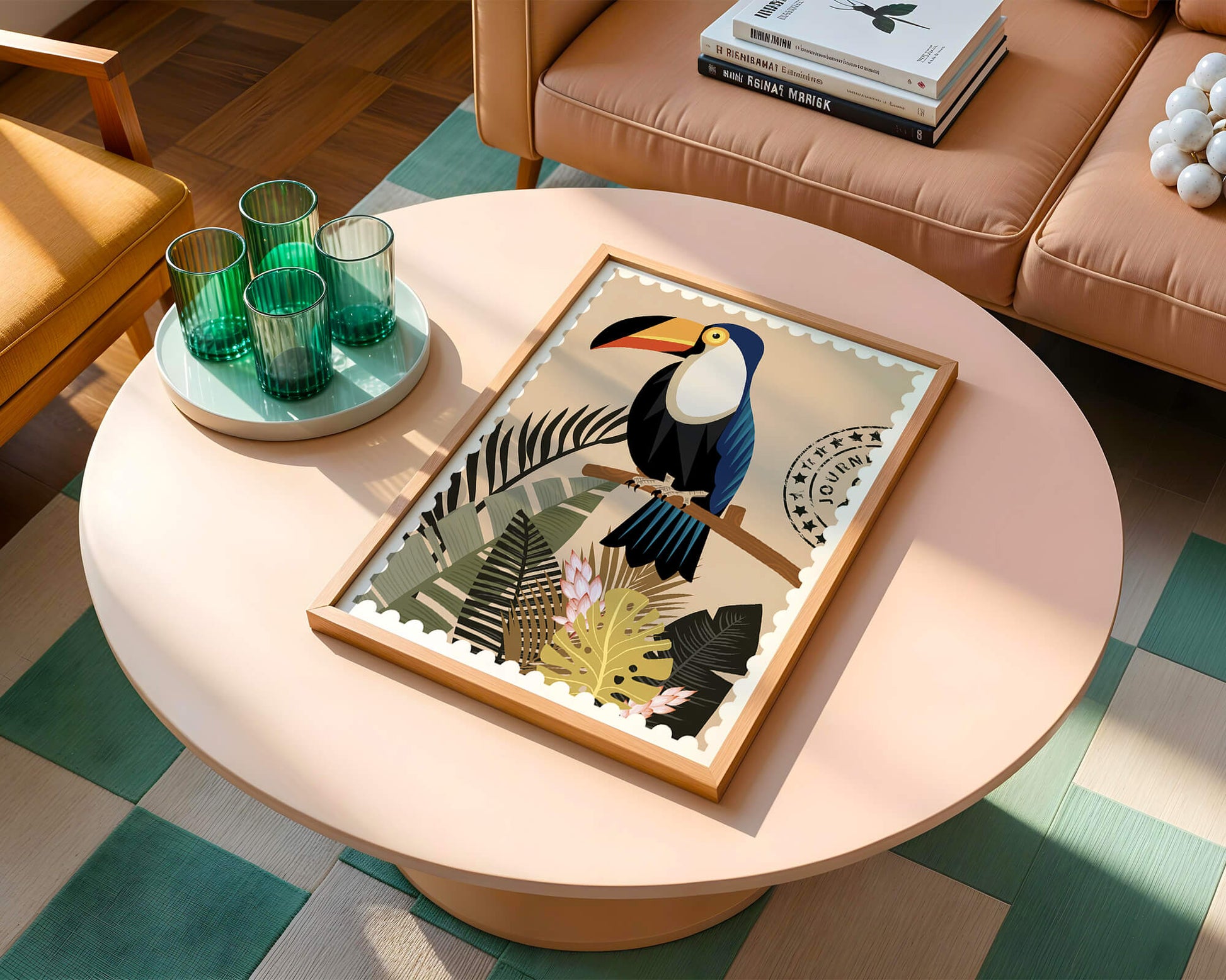 Colorful Toucan Surrounded by Tropical Leaves with Travel Stamp
