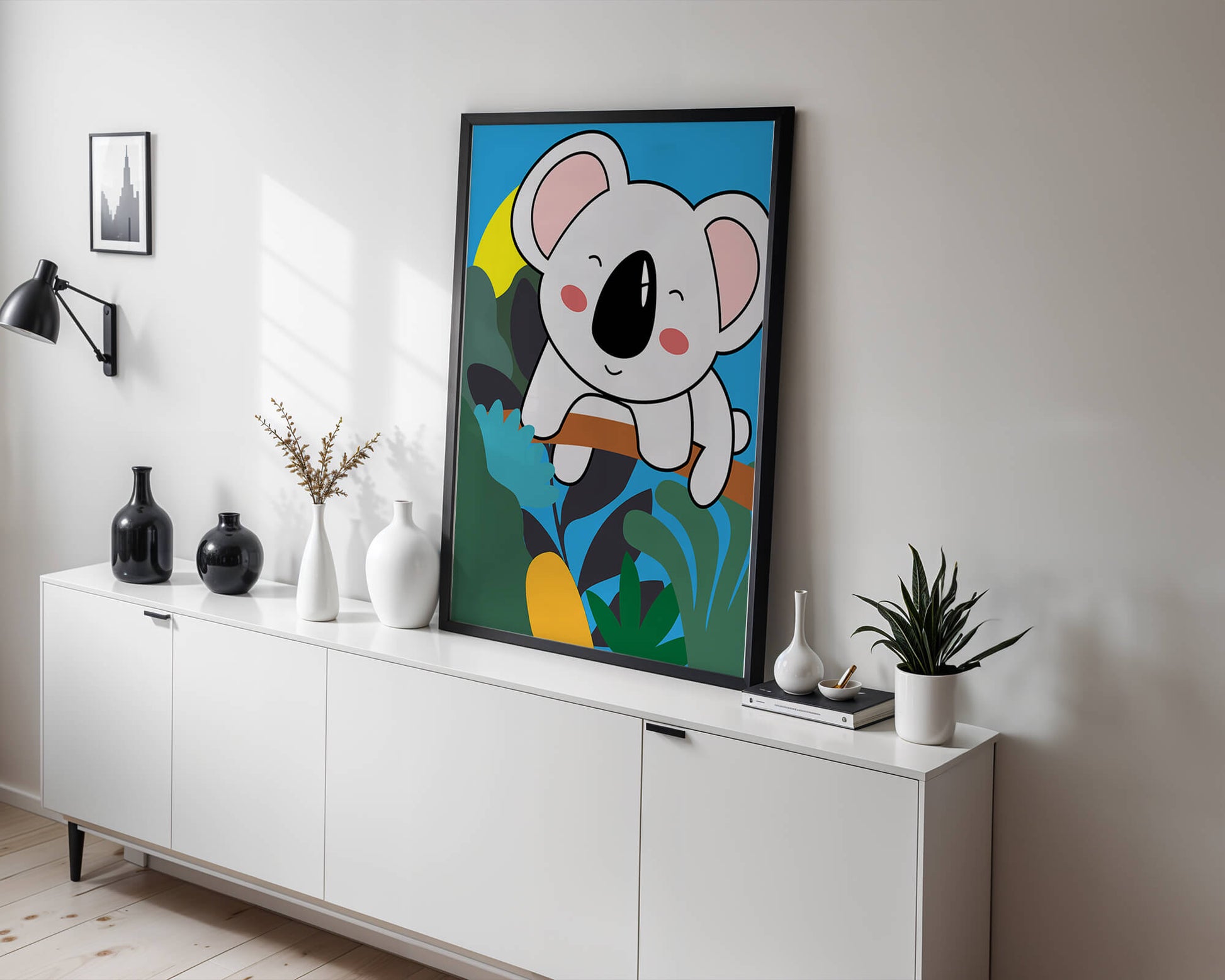 Charming illustrated koala on a branch with vibrant background