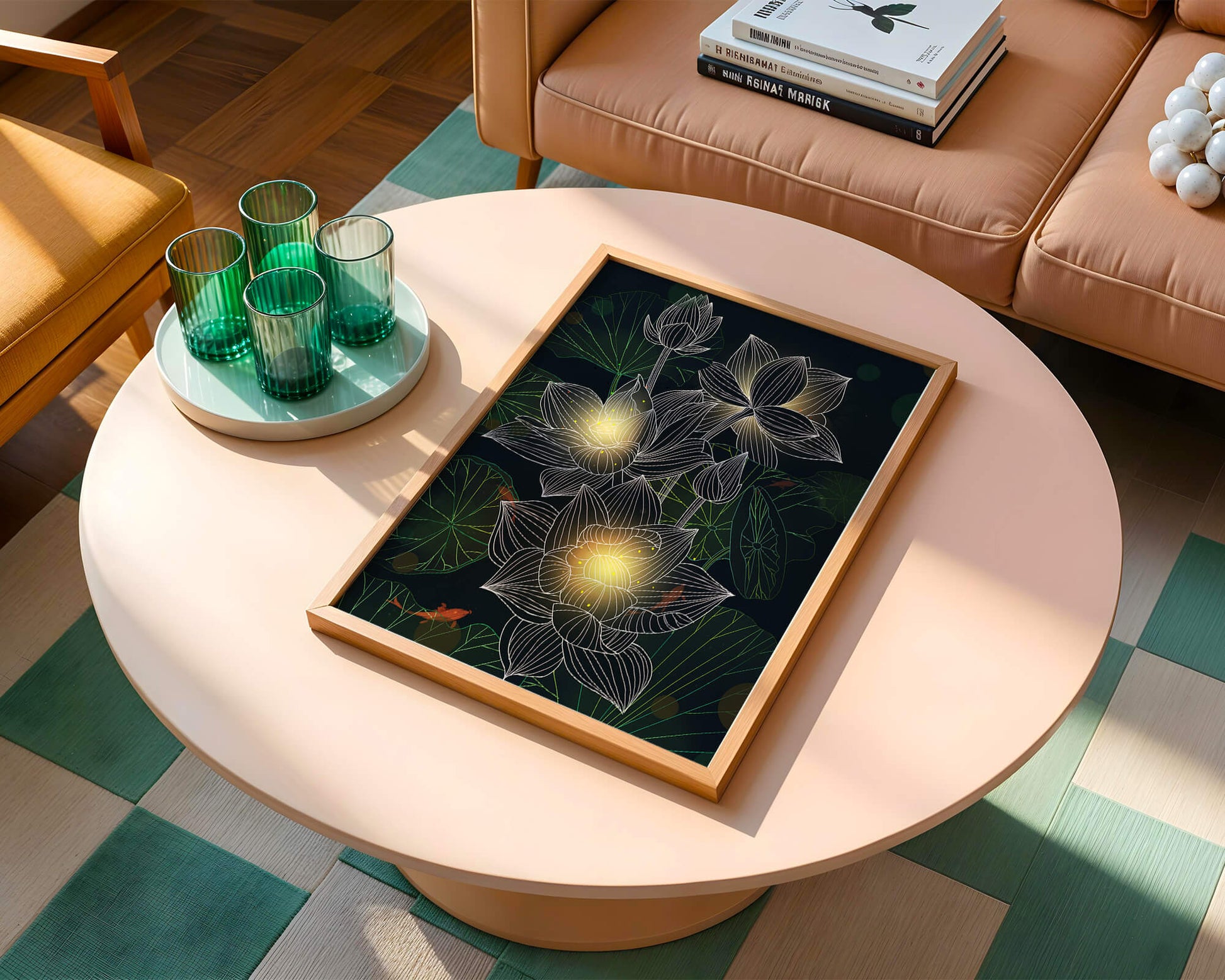 Flores de loto con detalles luminosos y peces koi bajo el agua