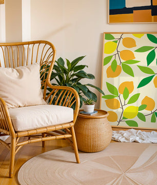 Vibrant lemon pattern with colorful leaves and citrus fruits
