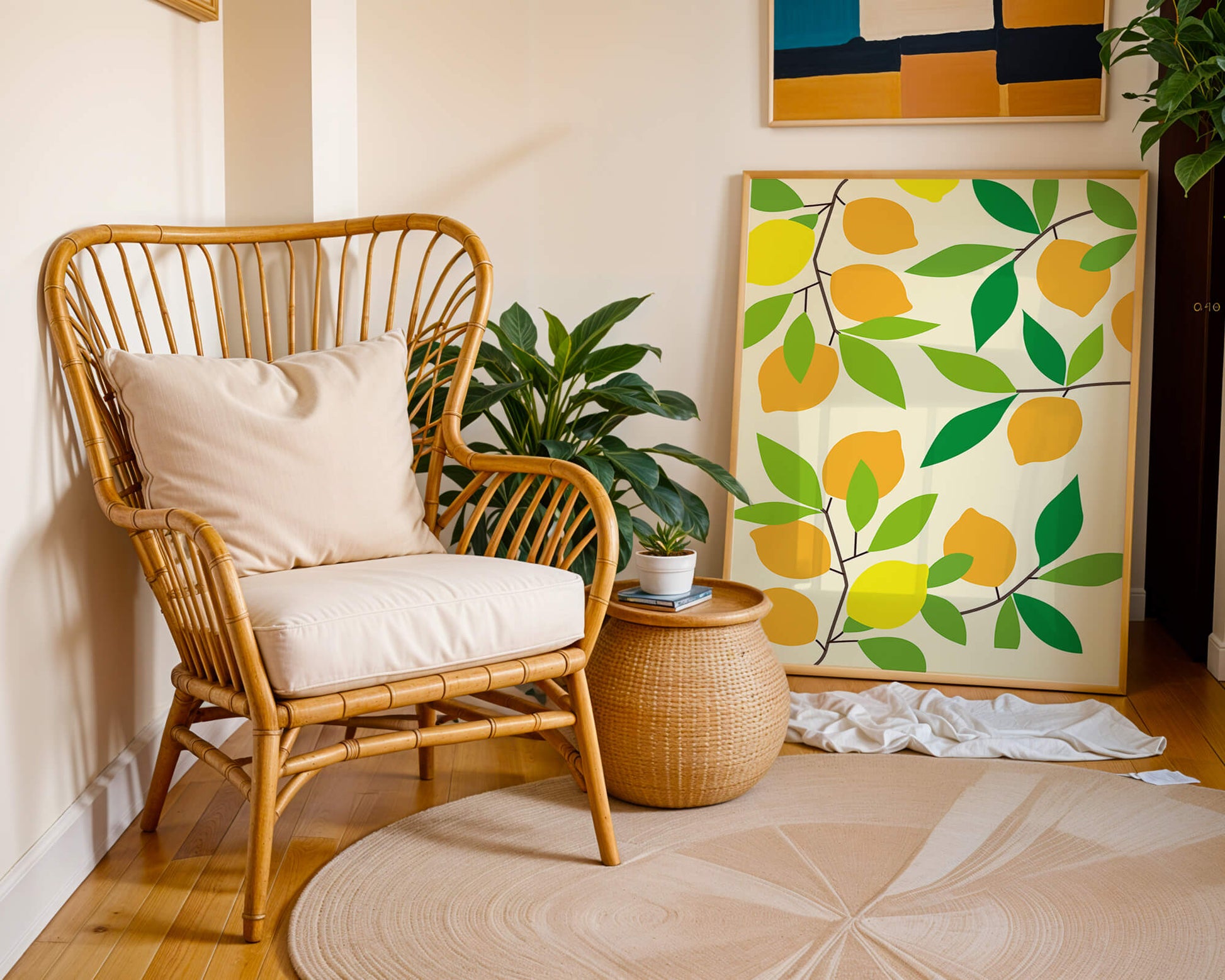 Vibrant lemon pattern with colorful leaves and citrus fruits